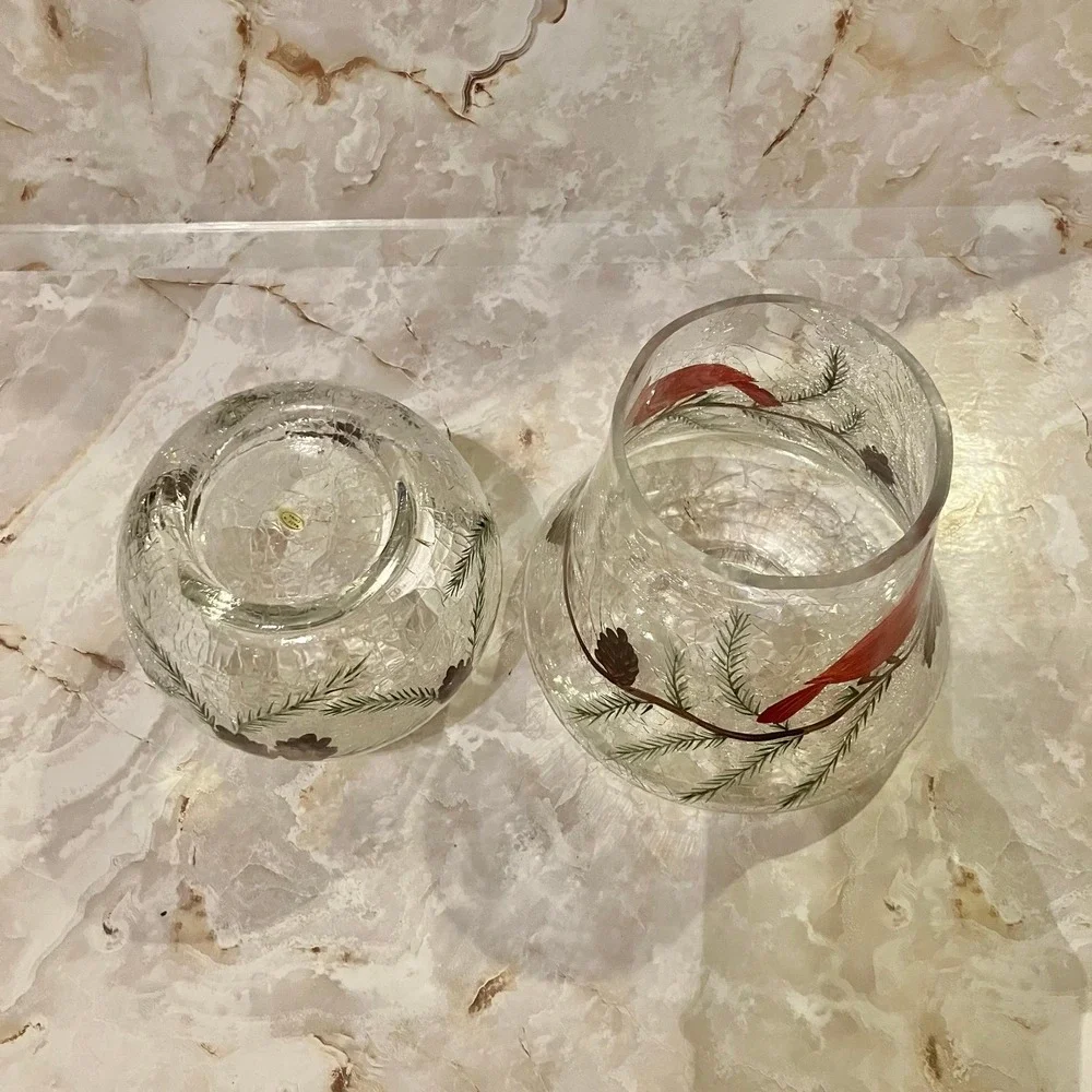 Yankee Candle Crackle Glass Cardinal Lamp Set Votive Holder Hurricane Shade